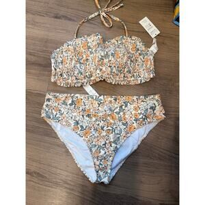 Cupshe Floral Bikini Set XL Smocked Bandeau High Waisted Orange Blue NWT